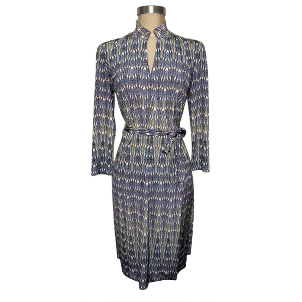 Etcetera Blue Print Sheath Dress Belted Midi Business Casual Size 4